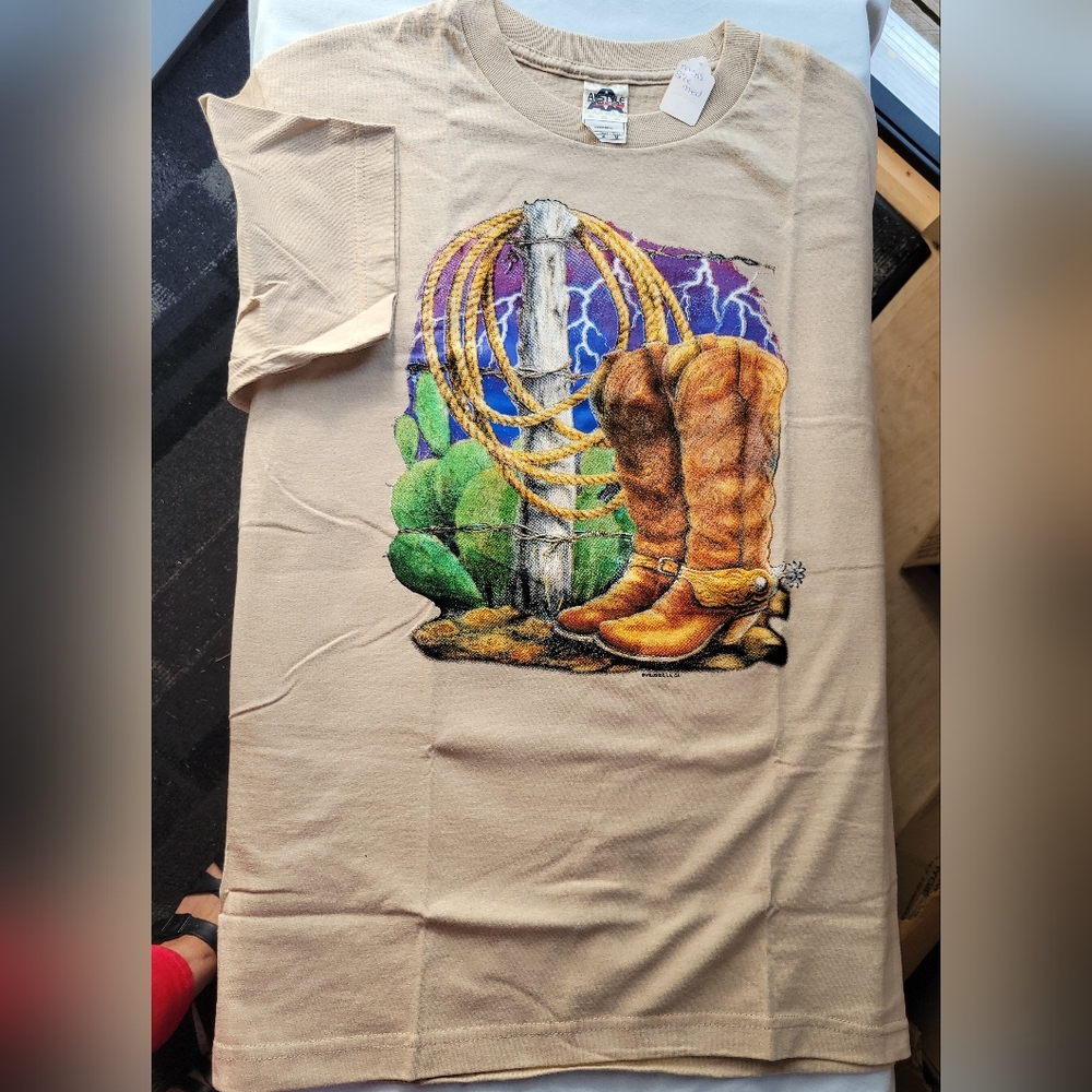 Men's Western Boots Illustration on Beige T Shirt Size Small and Medium